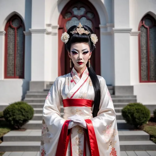 Prompt: A beautiful Chinese drag queen wears beautiful Hanfu, and long white silk gloves. She stands outside a modern Catholic church. Full body picture.