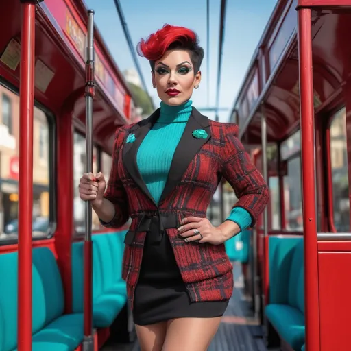 Prompt: Hyper-realistic 8k hd hi-res digital photography (Gorgeous California caucasian drag queen bodybuilder (with strong masculine jawline and brow features and large busom)), stepping onboard the bright red (San Francisco Cable Car), chic (spiky pixie cut Black hair), radiant face, wearing a stylish (teal blazer), (knit top), and a (teal plaid pleated skirt), paired with (black fashion stiletto boots), set against a vibrant, (sunny sunset), bustling atmosphere, (dynamic scene). Captured in ultra-detailed (8K) resolution, photorealistic style.