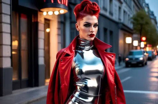 Prompt: Gorgeous ultra-muscular 25-year-old Parisan genderfluid man bodybuilder with bright red braided stylish updo hairstyle, dark eye makeup, and dark red lipstick is wearing closed long mirror silver swing coat and patent black 8 inch stiletto high heel overknee boots on street at night.