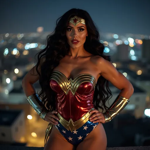Prompt: Gorgeous ultra-muscular 25-year-old Israeli drag queen bodybuilder with huge busom and ridiculously long wavy black hair, dressed as Wonder Woman (DC Comics Character), standing on the ledge of a building at night.