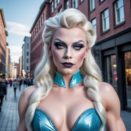 Prompt: Full body shot of a gorgeous muscular 25-year-old Finnish drag queen dressed as Elsa wearing dark eyeshadow and dark lipstick, in the city AI defined exquisitely beautiful, totally ultra realistic young adult drag queen, gorgeously detailed masculine jawline, well endowed, perfect body proportions, pale, ultra glamorous, perfect shading, impeccable contrast, HDR, UHD, high res, 64k