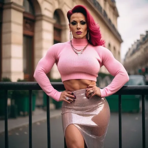 Prompt: Glamour photography of a Gorgeous muscular 35-year-old Romanian drag queen bodybuilder, with large busom,in paris in the style of Guy Aroch, pink transparent  sweater, skirt, exaggrate long earrings