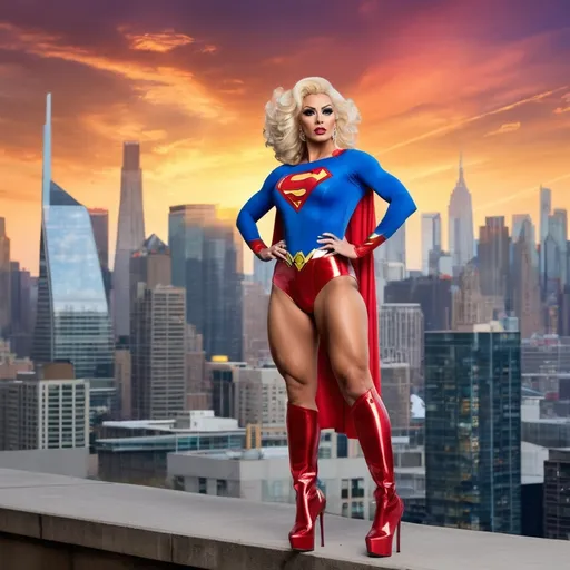 Prompt: (A gorgeous heroic 25-year-old British drag queen bodybuilder in a superman costume aith 8 inch stiletto high heel boots), soaring gracefully above a bustling cityscape, skyline shimmering under the setting sun, (dynamic pose), nerves of steel, vigilant gaze scanning for danger below, vibrant colors, with a backdrop of towering skyscrapers and a colorful sunset, (ultra-detailed), evoking a sense of adventure and superheroic bravery.