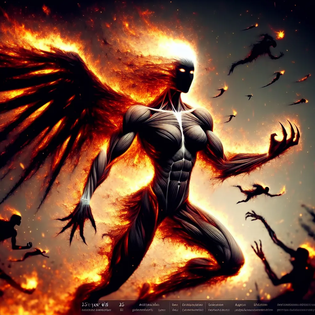 Prompt: 25-year-old hyper-muscular dark angel with dark masked face of fire and long fiery dress, fire coming from her eyes, wings made of fiery flame, flying (((motion capture))) into hell, attacking demon hoard in the foreground and background, muscles, beautiful