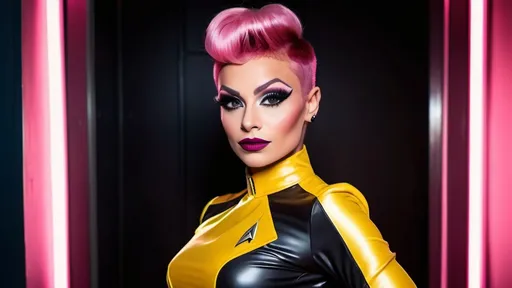 Prompt: Gorgeous ultra-muscular 25-year-old Czechian drag queen, Kylie Sonique Love, Star Trek Uniform, harness:1.4, full lips, short swept over pink hair, heavy mascara, dark eyeshadow, dark red lipstick, Bridge Command Center Background, instagram pose, smiling, raw photo, sharp focus on eyes, film grain, magazine cover, high quality, clothing details, fine fabric, full body, art student, (official art, extremely detailed CG unity 8k wallpaper), beautifully detailed eyes, detailed fine nose, detailed fingers, (8k), (best quality), ( masterpiece:1.2), (realistic), ( photorealistic:1.57), extremely detailed handsome gentlebeing, couture, magazine cover, textless, high quality, clothing details, fine fabric, full body, 8k, cinematic lighting (high detailed skin:1.1) ,Enhance,Golden Inspiration