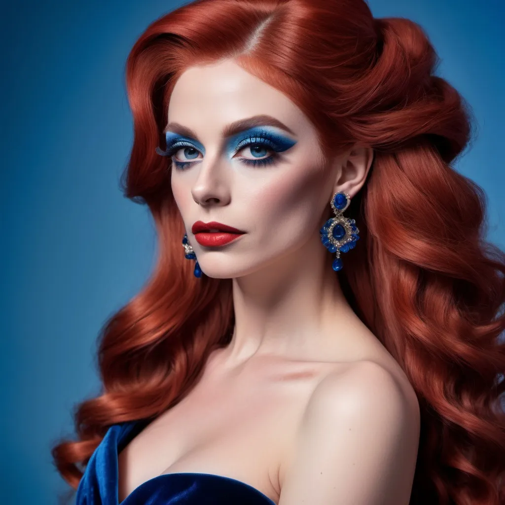 Prompt: a French drag queen (with strong masculine jawline and brow facial features) with long red hair wearing blue velvet dress and earrings, posing for a picture with a blue background, Elina Karimova, rococo, elegance,  photorealistic