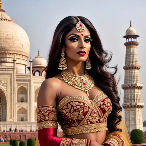 Prompt: In 1670's a gorgeous, very muscular 35-year-old Indian drag queen (with strong masculine facial features, dark lipstick, large busom) standing majestically in front of the Taj Mahal, wearing an opulent and elaborate traditional Indian royal dress adorned with intricate gold embroidery and sparkling jewels. She exudes grace and power, with a serene yet commanding expression that captures the admiration of the gathered crowd. The scene is composed with expert artistry, featuring dramatic lighting that highlights the rich textures of her attire and the architectural beauty of the Taj Mahal. The composition should feel like a professional artistic photograph, with meticulous attention to details in posture, facial expression, and the interplay of light and shadow, creating an atmosphere of regal elegance and reverence.