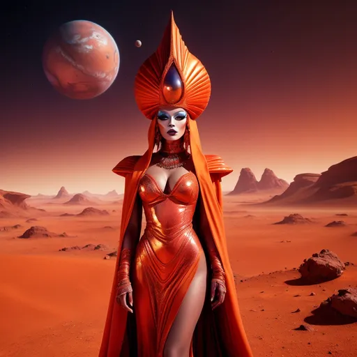 Prompt: The most beautiful drag queen on Mars wearing the traditional Martian dress.