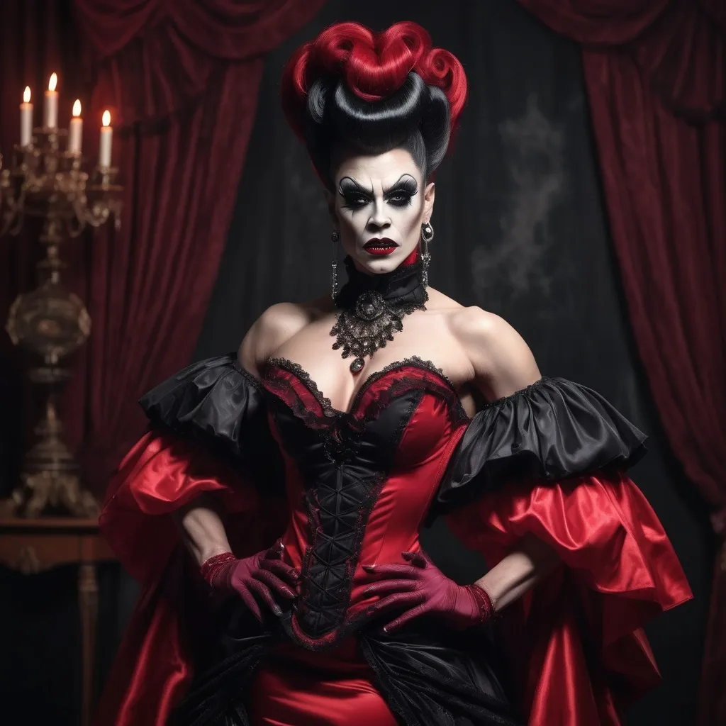 Prompt: elegant muscular vampire drag queen in red and black tones and victorian dress