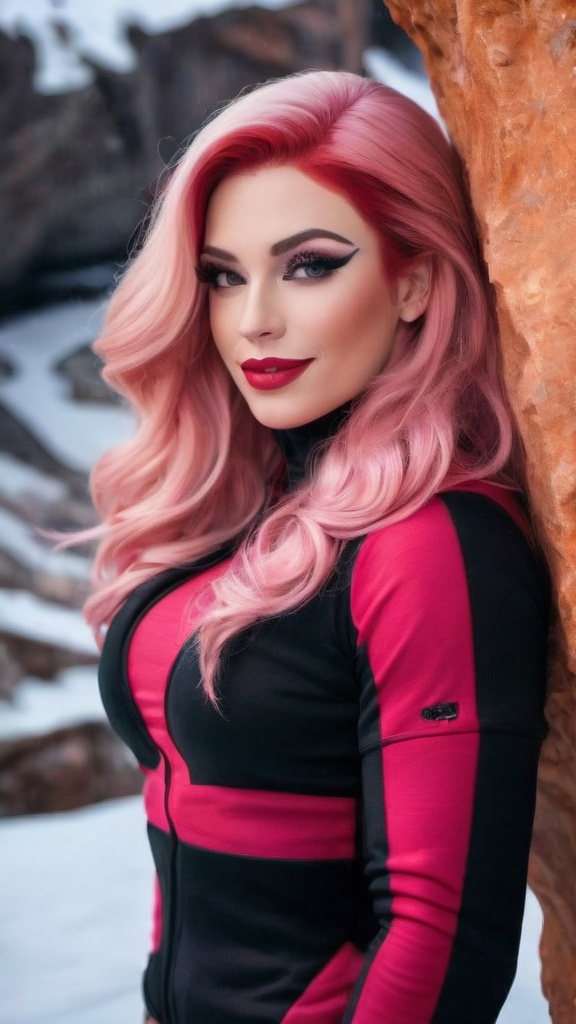 Prompt: professional portrait photograph of a gorgeous ultra-muscular 25-year-old drag queen bodybuilder in red winter clothing, long wavy stylish pink hair, flirty look, nice smile, dark eyeshadow, heavy mascara and dark red lipstick, wearing elegant warm winter fashion clothing, ((standing out side a frozen cave), hyper- realistic, detailed features, realistic lighting, high quality, realistic view,, elegant, realistic setting, professional, detailed, glamorous, actress, iconic, stunning modern urban environment, ultra realistic, concept art, elegant, highly detailed, intricate, sharp focus, depth of field, f/1. 8, 85mm, medium shot, mid shot, (((professionally color graded))), bright soft diffused light, (volumetric fog), trending on instagram, hdr 4k, 8k