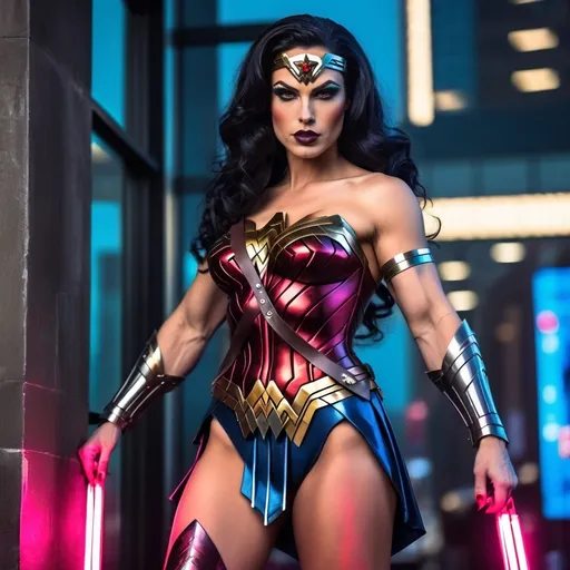 Prompt: Gorgeous muscular cyberpunk drag queen Wonder Woman, great legs, crystal high heels,  dark lipstick.