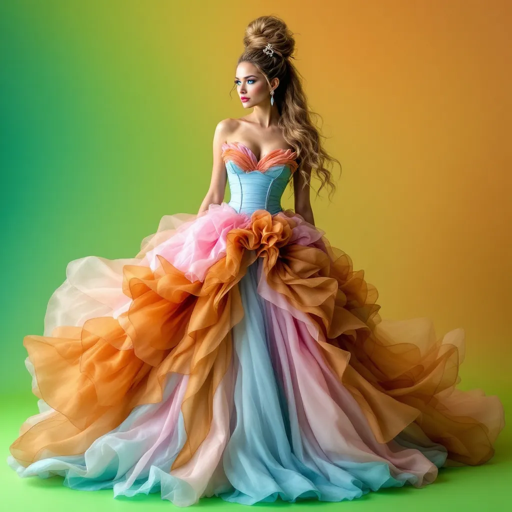 Prompt: The image shows a woman standing on a colorful platform with a green background. She is wearing a long, flowing dress with a pink and orange color scheme. The dress has a strapless design with a sweetheart neckline and a corset-style bodice. The skirt of the dress is made up of multiple layers of fabric in shades of pink, orange, and brown, creating a gradient effect. The woman is also wearing a pair of gold high heels and has blonde hair styled in a voluminous updo with a high bun on top. She has a serious expression on her face and is posing with one hand on her hip.