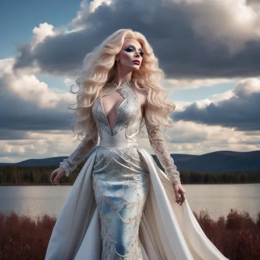 Prompt: (masterpiece), (best quality), (ultra-detailed), A gorgeous 25-year-old Finnish drag queen standing gracefully, her delicate figure silhouetted against the backdrop of a breathtakingly beautiful sky. The air is filled with a sense of serene tranquility as the wind gently rustles through her hair, causing the extremely delicate and beautiful fabric of her dress to billow softly around her. As she gracefully moves, flying splashes of water and petals accompany her, caught up in the ethereal dance of the wind. The scene is a symphony of beauty, with every detail meticulously crafted to evoke a sense of wonder and awe