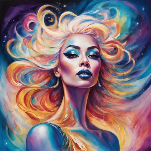 Prompt: Inspired by the quote 'The biggest adventure you can ever take is to live the life of your dreams,' create a surreal portrait of resilience. Depict a being of light, composed of swirling, luminous energy, rising from a chaotic yet beautiful cosmic landscape. This drag queen, a symbol of hope and strength, reaches towards a radiant source of light, their form echoing the intricate patterns and fractals of the universe. The artwork should evoke a sense of both intimacy and vastness, with a color palette of warm, glowing hues like gold, peach, and soft blues. Emphasize detailed textures and patterns, such as swirling clouds, intricate filigree, and cosmic dust. The lighting should create a soft, ethereal glow emanating from the being of light, conveying a sense of hope and renewal.
