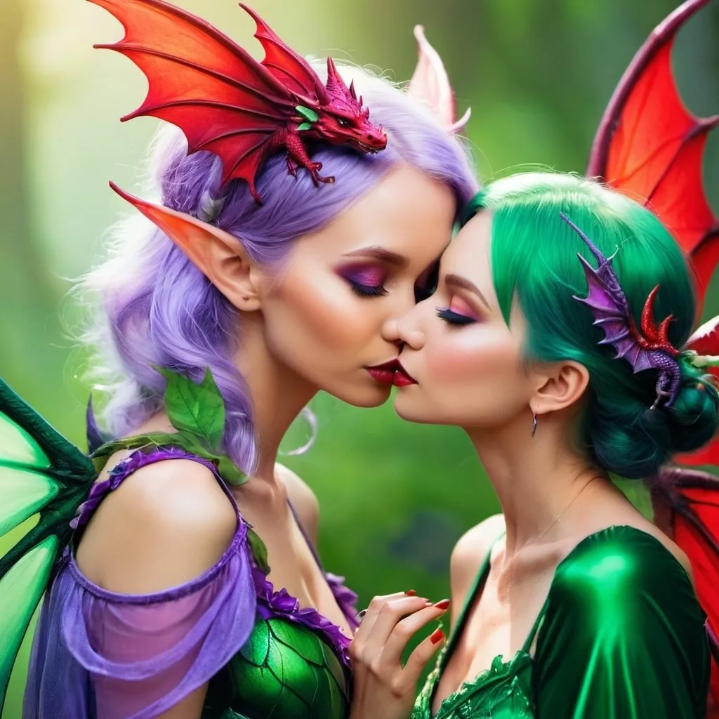 Prompt: A photo of an gorgeous elder fairy with green wings, wearing a cute violet outfit kissing the nose of her red fantasy dragon friend in the style of fantasy art. 