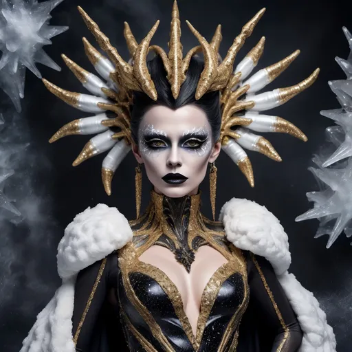 Prompt: Full body, Hyperrealistic gorgeous Czechian drag queenwearing eccentric couture dress made of black, white and gold marble inspired by the xenomorph, with giant dark frost ice crystals on the shoulders decor, looking directly at camera, dark eye makeup, dark lipstick, inspired by Klimt, against dark snow background