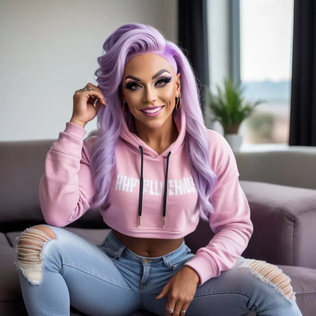 Prompt: A hyper realistic tan flawless 25-year-old drag queen bodybuilder with lavender hair wearing low cut crop top hoodie and jeans sitting on a couch looking happy