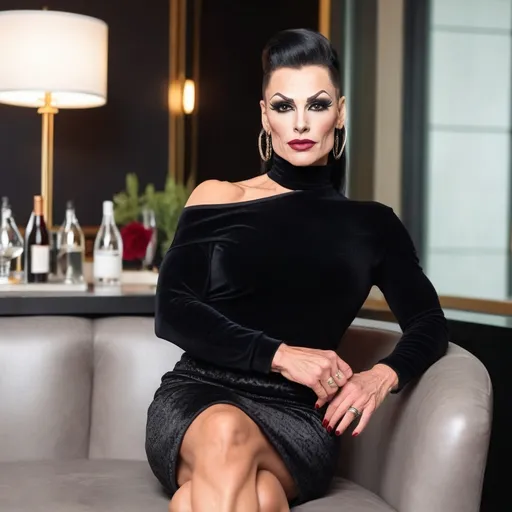 Prompt: Front view of an 35-year-old, muscular, gorgeous Hungarian drag queen bodybuilder (very strong masculine jawline and brow features) wearing black velvet pencil skirt, off the shoulder sweater, black nylon and 8 inch stiletto high heel shoes. Hanging out at a classy lounge.