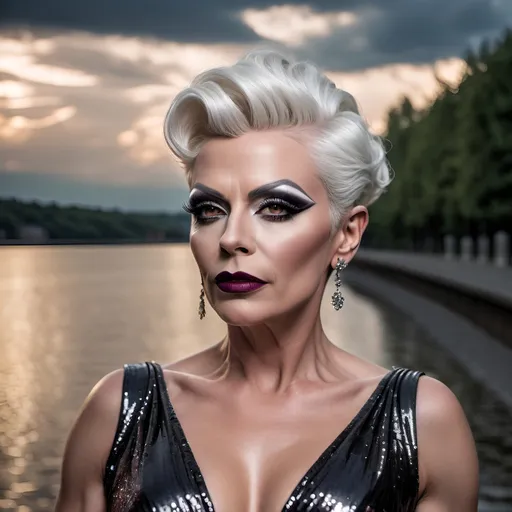 Prompt: Gorgeous muscular 45-year-old Czechian drag queen with short white tight updo hair, dark eyeshadow and dark lipstick, long flowing sequined gown, romantic outdoor setting, dramatic sky, An ultra-realistic photograph captured with a Sony α7 III camera, equipped with an 85mm lens at F 1.2 aperture setting,  The image, shot in high resolution and a 16:9 aspect ratio, captures the subject’s natural beauty and personality with stunning realism –ar 16:9 –v 5.2 –style raw