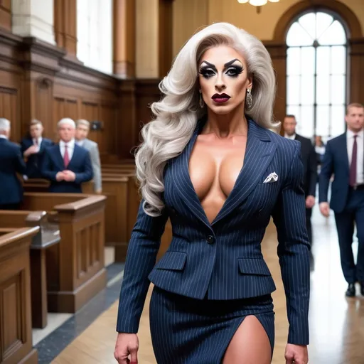 Prompt: Gorgeous ultra-muscular european drag queen bodybuilder, age 21, salt & pepper hair, intricate oval face, navy pinstriped suit, matching skirt, black 8 inch stiletto high heel shoes, dark eye shadow 
and dark red lipstick,  walking in a London courthouse, 8k photo, professional, detailed eyes, elegant, high quality, realistic, sophisticated, professional lighting