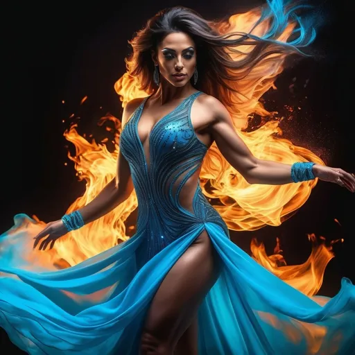 Prompt: 64k , high resolution, surrealism , illustration  , digital painting  , ultra detailed , art photography , bright colors , black background with water blue fire   , a gorgeous muscular 35-year-old Turkish drag queen bodybuilder dancing in the dark room ,she wears  light blue glowing bracelets illuminating her hands) , Challenging dynamic dance sequence , full body ,  ice blue dress dress , the dance makes the dress look more dynamic , dramatic lighting around her , close up 