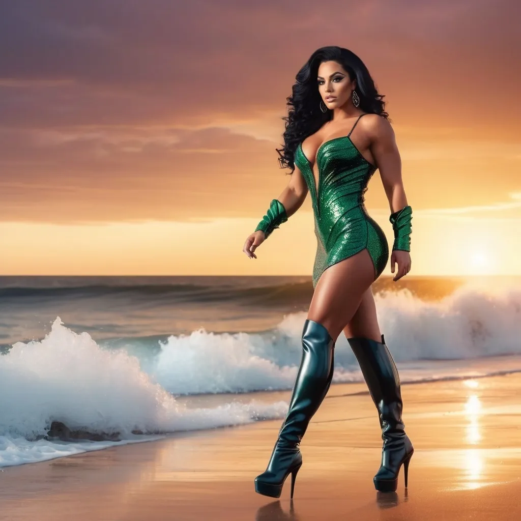 Prompt: An ultra-realistic higly detailed 64k photograph of a gorgeous muscular 25-year-old Portuguese drag queen bodybuilder with 8 inch stiletto knee-high boots walking away, down by the sea at sunset with a sea wave
