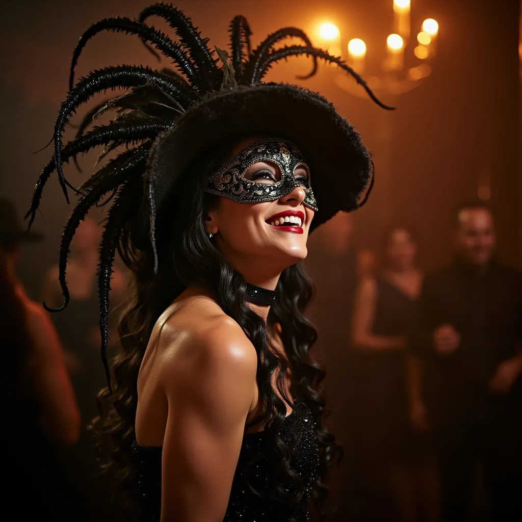 Prompt: A wide, soft focus, full-body (((cowboy shot))) of a masked Swiss champagne drag queen diva bodybuilder at a bohemian masquerade ball. Dramatic lighting and shadows. She is laughing heartedly, expressive body language.