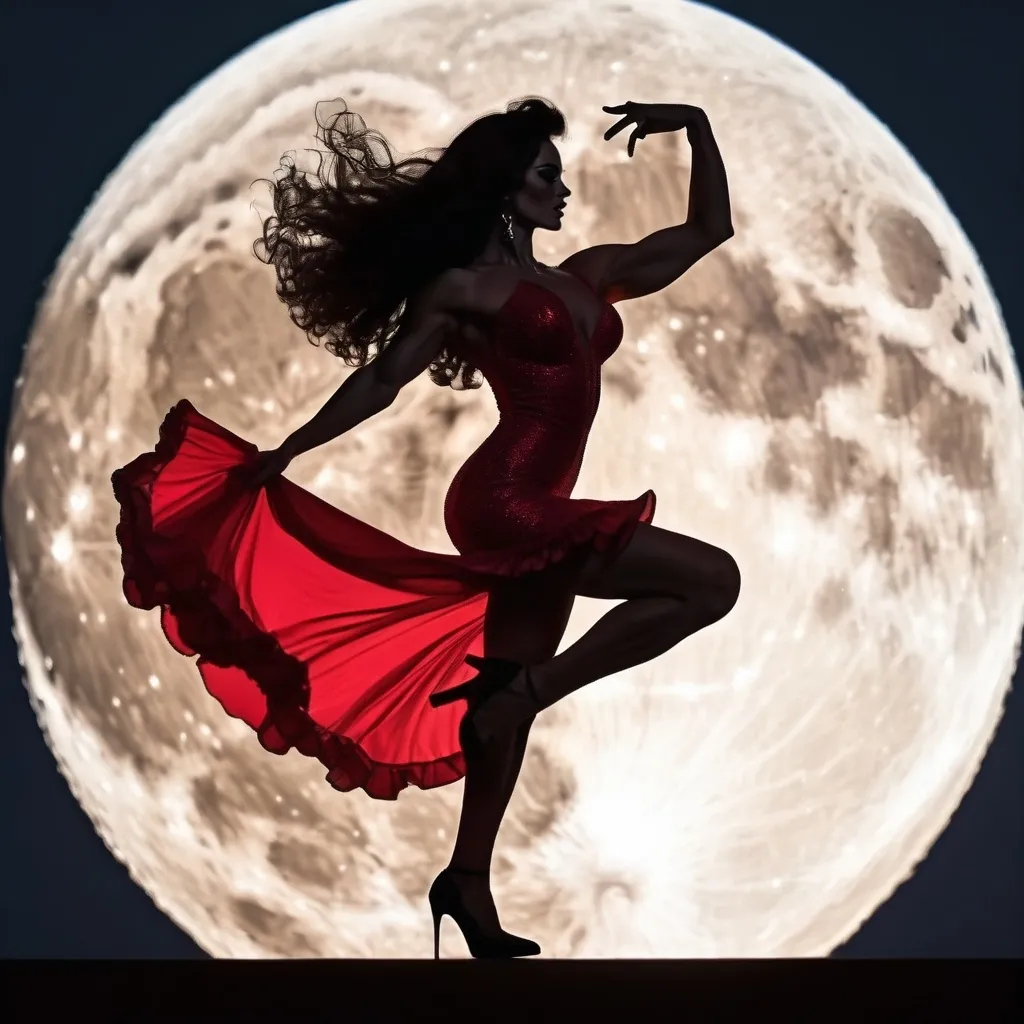 Prompt: Gorgeous muscular 25-year-old Portuguese drag queen bodybuilder (with long wavy hair, short flamenco dress and 8 inch stiletto high heel shoes) dancing flamenco in silhouette through a giant full moon.