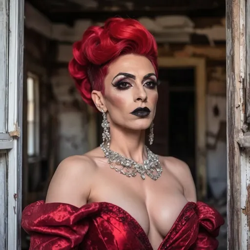 Prompt: Gorgeous muscular 35-year-old Turkish drag queen (masculine facial features) with bright red updo hair, dark eyeshadow, and dark lipstick wearing a Ball gown wedding dress in an old dilapidated house.