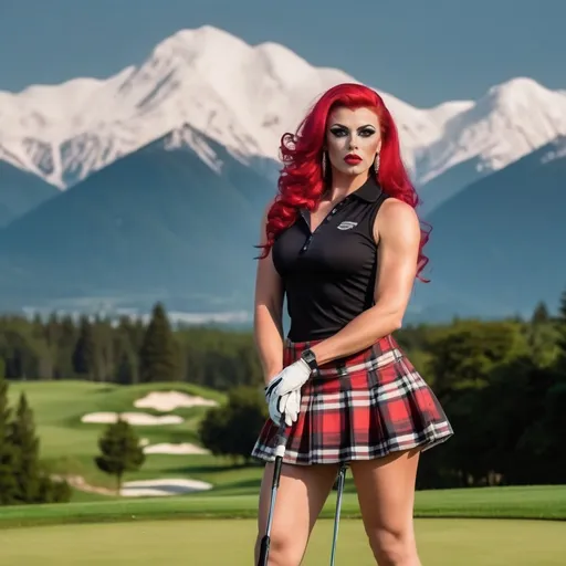 Prompt: a gorgeous muscular 25-year-old Polish drag queen (strong masculine jawline and brow facial features) bodybuilder with large busom and bright red hair, wearing a golf skirt and cute tank top, 8 inch stiletto high heel shoes, smokey eye shadow  and dark red lipstick, holding a golf club and posing for a picture on the golf course with mountains in the background, Evelyn Abelson, superflat, professional, a stock photo