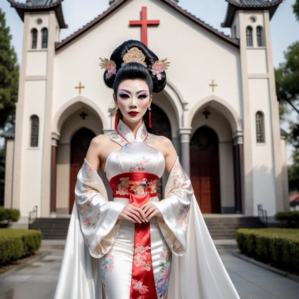 Prompt: A beautiful Chinese drag queen with big busom wears beautiful Hanfu, 8 onch stiletto high heel shoes, and long white silk gloves. She stands outside a modern Catholic church. Full body picture.