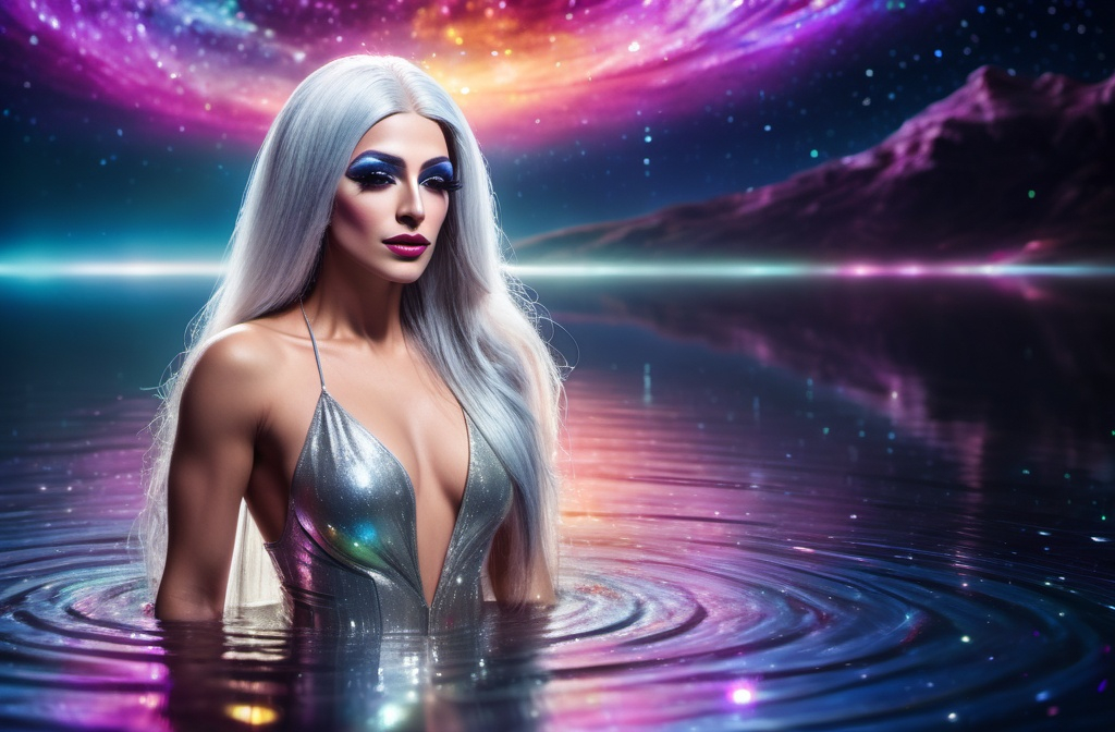 Prompt: A gorgeous ultra-muscular 25-year-old Turkish drag queen goddess with very long straight silver hair swimming in a lake of liquid Mercury in outer space. Vivid colors. Hd imaging.