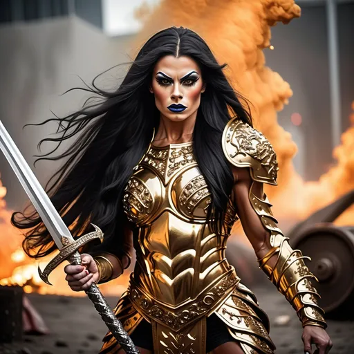 Prompt: Gorgeous muscular 25-year-old Swedish drag queen bodybuilder with ridiculously long wavy black hair, dressed as a warrior princess in complete shimmering golden steel armor and a gleeming golden longsword in the midst of a bloody and fiery battle.