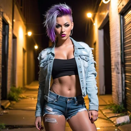 Prompt: Gorgeous ultra-muscular 25-year-old Mid-Western goddess with huge busom and green violet short mohawk, wearing ripped denim shorts, ripped t-shirt, ripped denim jacket, ripped white tights, and black 8 inch stiletto high heel shoes, posing (flirtatiously) in a back alley at night.