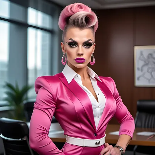 Prompt: 64k Hi-res digital hd detailed photograph of a Gorgeous, muscular, 25-year-old Ukrainian drag queen bodybuilder ((strong, masculine jawline and brow features)), dark pink updo hairstyle, wearing sophisticated multicolored business dress and white blouse, 8 inch stiletto high heel shoes, standing in a meeting room.