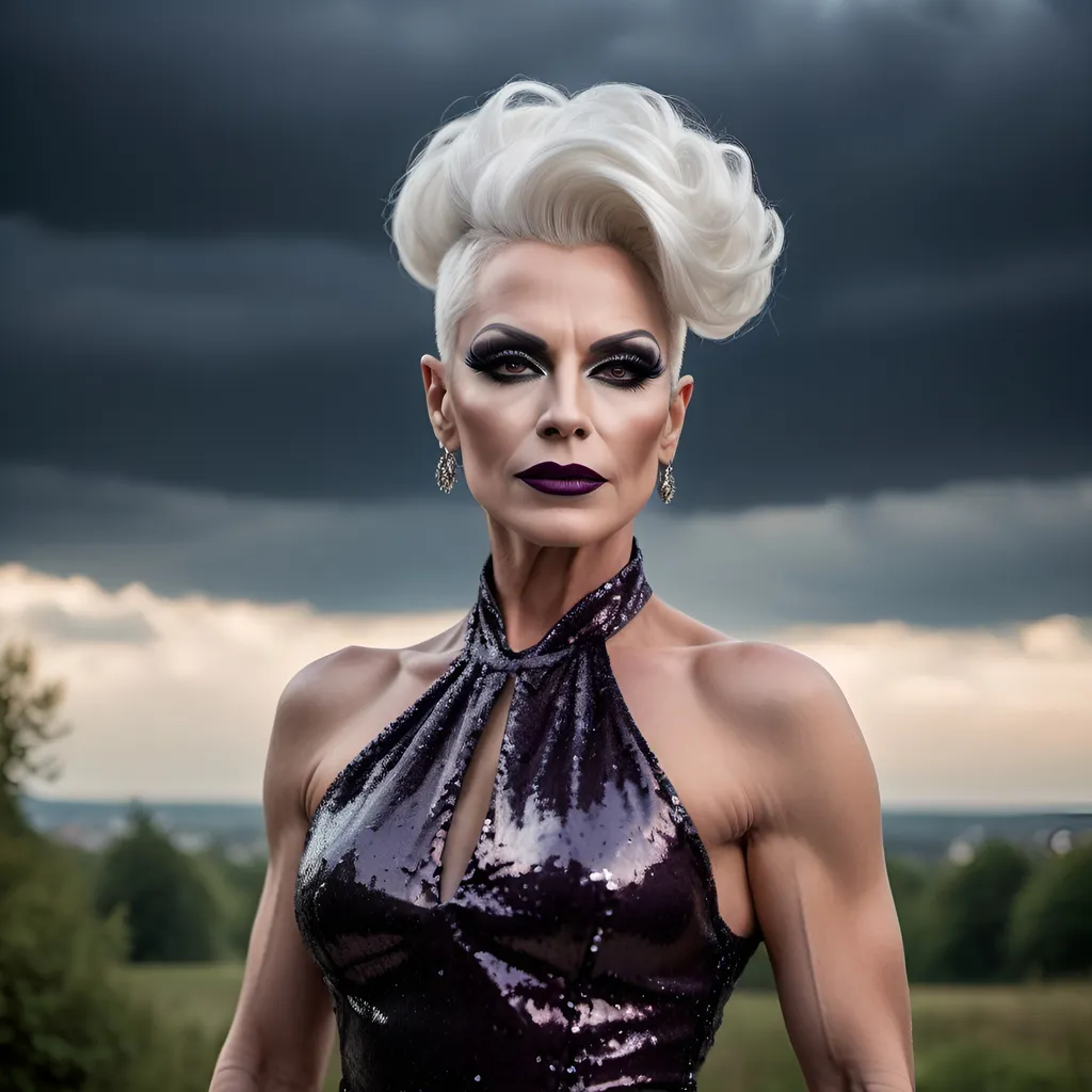 Prompt: Gorgeous muscular 45-year-old Czechian drag queen with short white tight updo hair, dark eyeshadow and dark lipstick, long flowing sequined gown, romantic outdoor setting, dramatic sky, An ultra-realistic photograph captured with a Sony α7 III camera, equipped with an 85mm lens at F 1.2 aperture setting,  The image, shot in high resolution and a 16:9 aspect ratio, captures the subject’s natural beauty and personality with stunning realism –ar 16:9 –v 5.2 –style raw