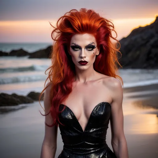 Prompt: In a dark, mysterious beach setting, a handsome man is DRESSED UP AS a daring, gorgeous 25-year-old Swedish DRAG QUEEN with vibrant red hair, heavy mascara, and dark red lipstick strikes a fierce pose for a photo. Her wild, messy hair contrasts in black and orange hues, creating a striking blend of edginess and glamor. The long, shaggy locks cascade around her, exuding confidence and individuality as the full moon shimmers off her.