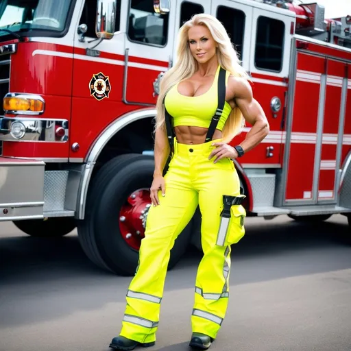 Prompt: Gorgeous ultra-muscular 25-year-old Swedish goddess bodybuilder with huge busom and ridiculously long platinum blonde flowing hair wearing a firefighter uniform, white tank top & suspenders, neon yellow firefighter pants.