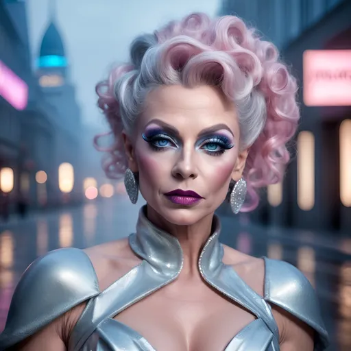 Prompt: (realistic image of futuristic French drag queen age-75), (muscular, pretty, curvy, muscular), light skin, (curly pink updo hair), blue eyes, (dressed in a silver dress), dark eye makeup, dark lipstick, posed flirty, futuristic city background, misty morning, (rich textures), (soft lighting), (ultra-detailed), 4k quality, opulent decor.