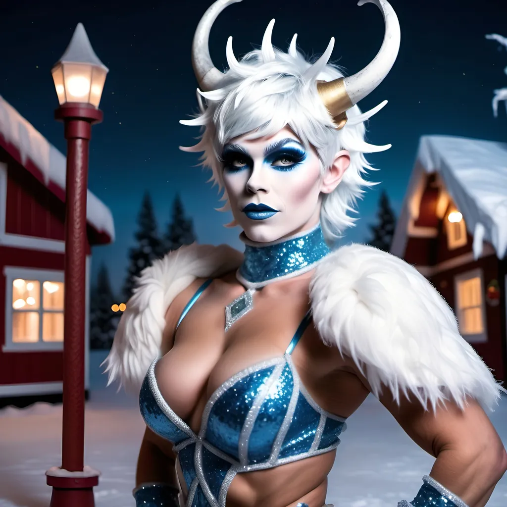 Prompt: Jack Frost dressed up as a gorgeous muscular Norse drag queen. Posing at the north pole at night. 