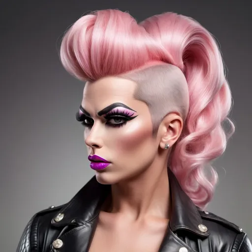 Prompt: Photorealistic, 8k, full length, a rough tough male biker convict cleaned up and dressed up as an attractive spoiled bratty drag queen, she has strong masculine facial features, plump pouty oversized lips, duck lips, Chiseled strong masculine jawline, masculine brow, muscular physique, huge platinum pink bouffant hairstyle with beehive bun and long extensions, wearing a cute 1950s style dress and 8 inch stiletto high heels, extremely heavy chav makeup style, she is walking,