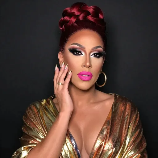 Prompt: This is a close-up photograph of a 35-year-old spanish drag queen with a glamorous and stylish appearance. She has medium-dark skin and is wearing her dark red hair in an elaborate updo with a braided crown on top. Her eyebrows are well-defined, and she has dramatic, smoky eye makeup with long, thick false eyelashes. She is wearing bright pink lipstick. Her left hand is gently touching her cheek, showcasing her long, manicured nails with gold and silver designs. She is adorned with large, gold hoop earrings and a gold ring on her right hand. She is wearing a shimmering, metallic gold and bronze shawl draped over her shoulders. The background is a solid, dark black wall, which contrasts with her bright makeup and colorful shawl. The texture of the shawl is smooth and reflective, while her skin has a smooth, even texture. The overall style of the photograph is glamorous and high-fashion, emphasizing elegance and sophistication. The lighting is even, highlighting her features and the textures of her outfit and accessories.