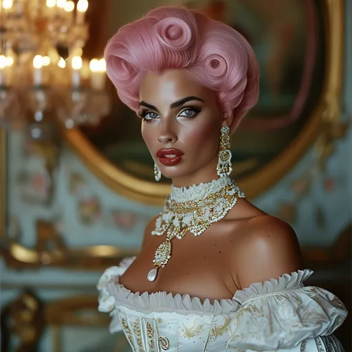 Prompt: a gorgeous ultra-muscular 25-year-old Czechian drag queen bodybuilder in a white dress and gold jewelry, short sassy pink hair dark eye shadow and dark red lipstick, and a chandelier with candles in the background, Annie Leibovitz, romanticism, elegance, a still life