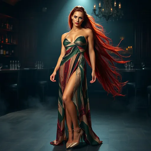 Prompt: Muscular feminine 25-year-old gorgeous female goddess, well endowed, long muscular legs and very long dark red ethereal loose flowing hair ponytail wearing a long flowing loose fitting multi-colored evening gown and 8 inch stiletto high heel shoes posing in a smokey gentleman's club