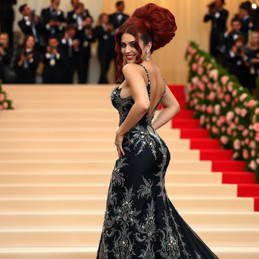 Prompt: Glamour photography of Gorgeous ultra-muscular 35-year-old (Caucasian) Swedish bodybuilder with a huge busom, and ridiculously long wavy dark red tight updo hair on the Met Gala steps in New York wearing designer black and silver gown with long train, intricate details, glitter and jewels, posed 3/4 turn standing, smile, in the style of Guy Aroch