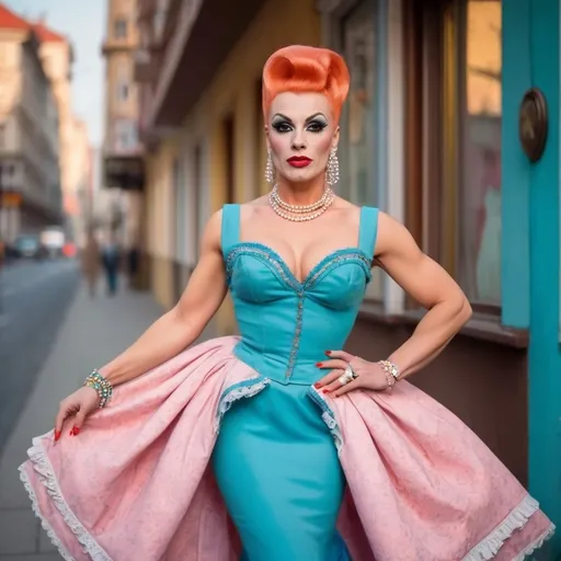 Prompt: Gorgeous ultra-muscular 25-year-old Hungarian drag queen (wearing a vintage fashion), (1950s style), elegant outfits, fitted dresses, petticoats, bold patterns, retro accessories, heels, vibrant colors, soft pastel shades, nostalgic atmosphere, warm lighting, high-quality, ultra-detailed, stylish urban setting, glamorous poses, cheerful mood, classic hairstyles, cinematic masterpiece.