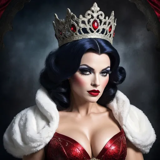 Prompt: Grunge medieval Snow White drag queen bodybuilder (strong drag queen facial features), impasto, old picture effect, whimsical, highres, detailed, medieval, impasto, old picture effect, grunge, Snow White, fairy tale, dark tones, atmospheric lighting