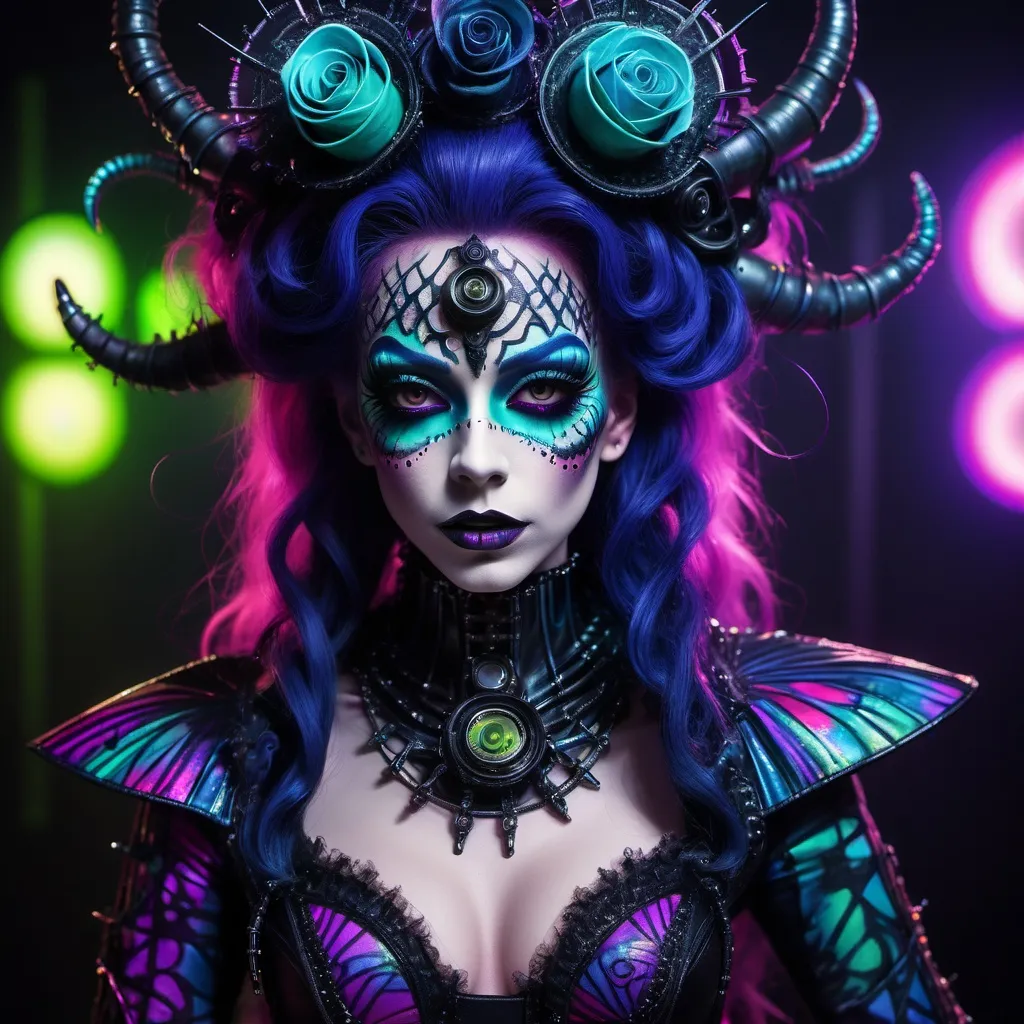 Prompt: Step into a twisted wonderland with this darkwave cybercore muscular drag queen/king caterpillar, featuring Tim Burton-inspired style and extreme make-up, set against a backdrop of fantasypunk, soft gothic, and macabre fashion.