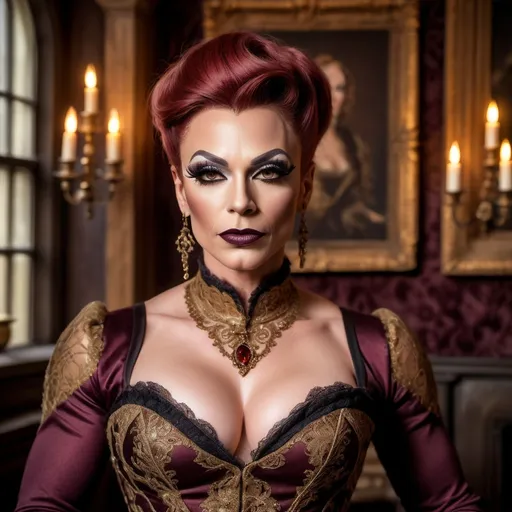 Prompt: Gorgeous muscular 35-year-old British drag queen, dark lipstick, heavy mascara, vibrant Tudor-era attire, intricate lace details, embroidered patterns, serene expression, elegant pose, rich background of a historic castle, warm gold and deep auburn tones, soft diffused lighting, classical artwork style, ultra-detailed, regal atmosphere, capturing the essence of 16th-century nobility, majestic ambiance.