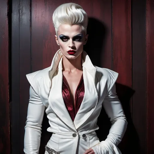 Prompt: (gothic art), imagine James Dean dressed as a gorgeous ultra-muscular 25-year-old Swedish drag queen bodybuilder with (striking dark red makeup and lipstick), wearing a (white jacket) draped over her head, (mysterious gaze) directed at the camera, (dramatic pastel colors), (moody ambiance), rich textures, (ultra-detailed wooden floor) in the background, evoking an eerie yet captivating vibe, (high quality) image, beautifully composed and expressive.